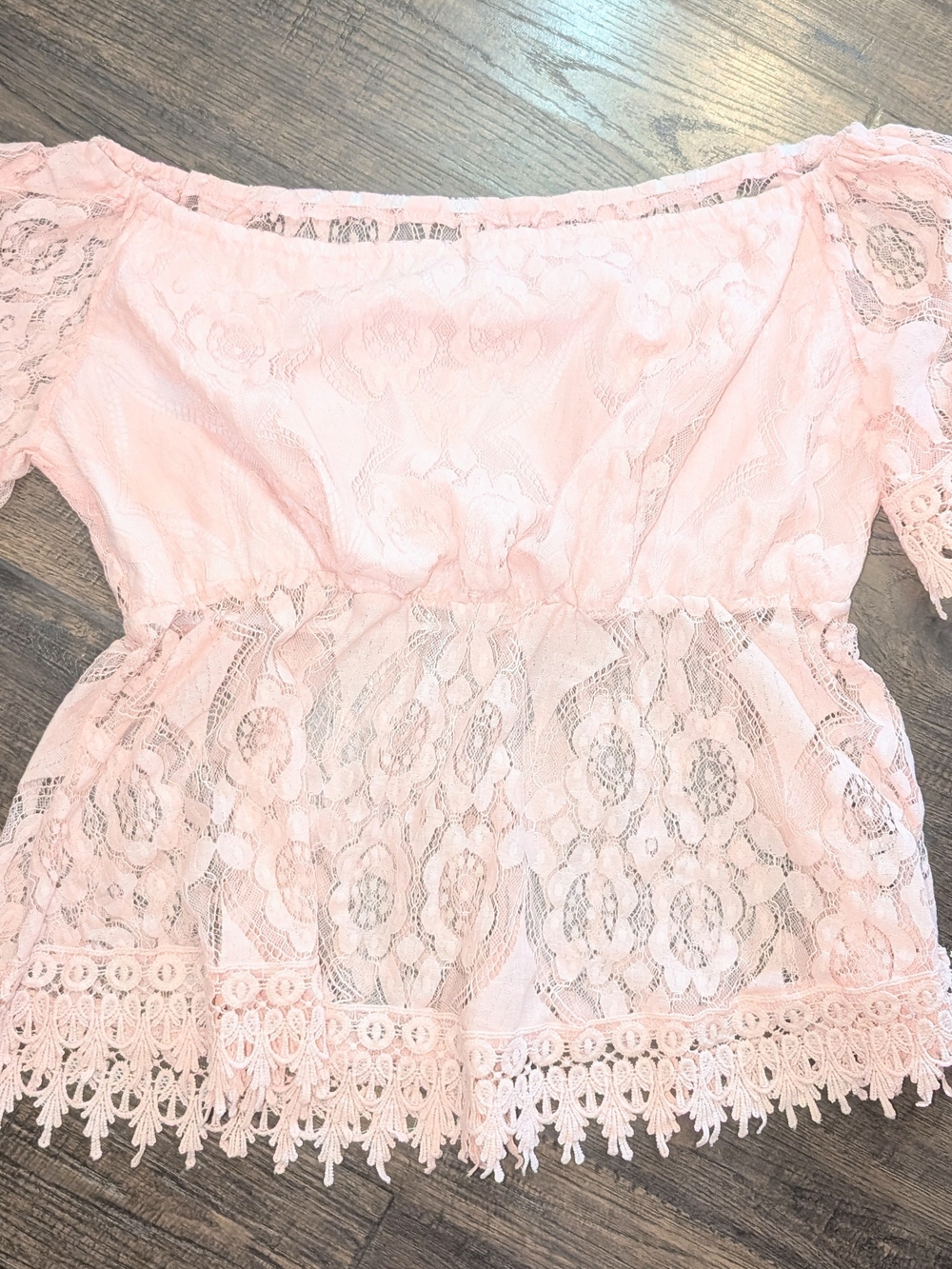 SHEIN Light Pink Lace Off-Shoulder Peplum Top